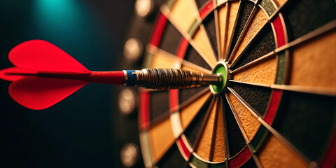 Dart Arrow Perfectly Hitting on Dartboard - Highlighting Precision, Focus, and Achievement with Realistic Lighting, Depth, and Strategic Composition for Success and Goal Concept
