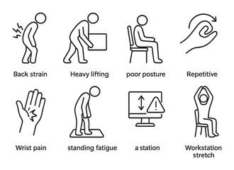 Ergonomic hazard outline icons set – workplace safety, health, and injury prevention