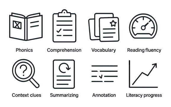 Reading skills line icons set – comprehension, literacy, and vocabulary symbols