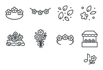 Floral festival outline icons set – minimalist, flower and celebration symbols