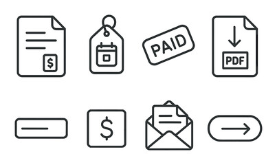 Online invoice icon set in silhouette style. billing and payment symbols