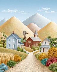 Peaceful Country Landscape with Homes and Rolling Hills Under Clear Sky