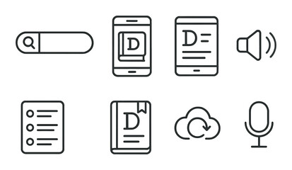 Digital dictionary tools linear icons set – outline, reference and search symbols