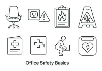 Office safety essentials icons set – silhouette, workplace security and hazard symbols