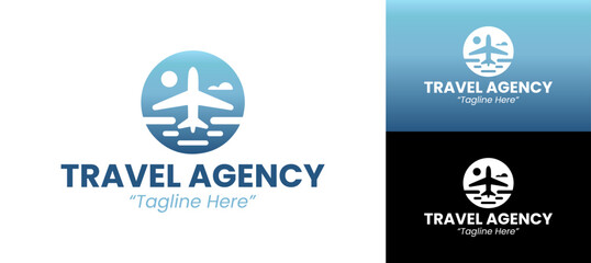 Professional Travel Agency Logo with Airplane and Mountain Emblem in Blue