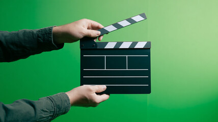 Clapperboard ready to start, held up by hands in front of green screen, eager to capture scene
