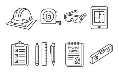 Construction planning linear icons set – outline, building, project management tools