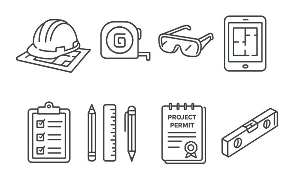 Construction planning linear icons set – outline, building, project management tools