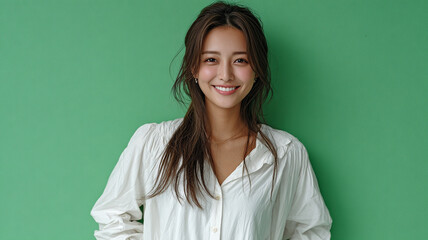 Japanese girl smiles warmly, her joyful expression radiating happiness and positivity against green backdrop