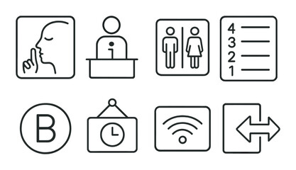 Library signage line icons set &ndash; outline, reading and information symbols