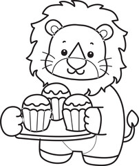 Outline of Cute Lion icon. Lineart of Funny baby Lion animal series stock illustration. life of fluffy Lion designs.