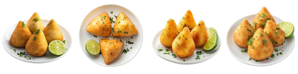 A set of coxinha on a white ceramic plate, garnished with herbs and lime isolated on a transparent background