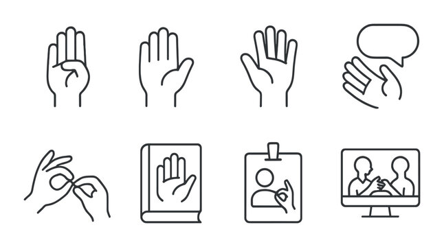 Sign language outline icons set – communication, gesture and hand signs symbols