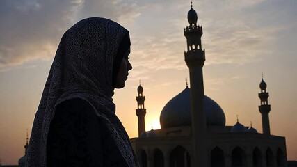 Silhouette of a woman in a hijab facing a mosque at sunset - Powered by Adobe