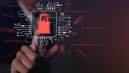 Hand pointing at digital broken padlock icon, symbolizing data breach, cybersecurity risk, hacking, malware attack, and network vulnerability in digital systems.