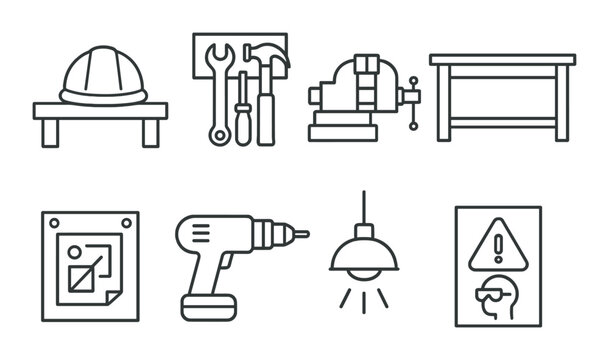 Workshop essentials outline icons set – tools, equipment, and handyman symbols