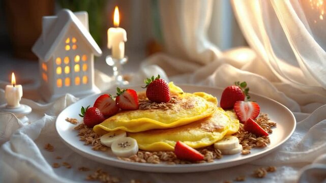 Delicious plated omelettes adorned with fresh strawberries and banana slices, surrounded by granola, set against a warmly lit background with candles and a cozy decorative house.