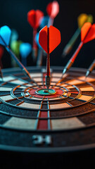 Fototapeta premium Dart Arrow Perfectly Hitting on Dartboard - Highlighting Precision, Focus, and Achievement with Realistic Lighting, Depth, and Strategic Composition for Success and Goal Concept