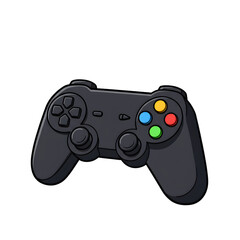 A black video game controller with colorful buttons, used for gaming and interactive entertainment.