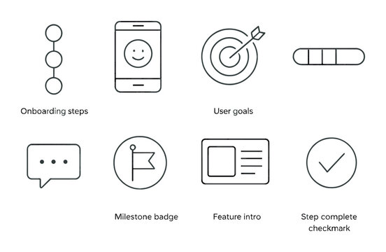 User journey silhouette icons set – onboarding, simple navigation and milestone symbols