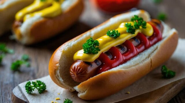 Grilled hot dog nestled in a soft bun, adorned with vibrant mustard and ketchup, garnished with fresh parsley, placed on a rustic wooden surface, evoking a classic barbecue vibe.