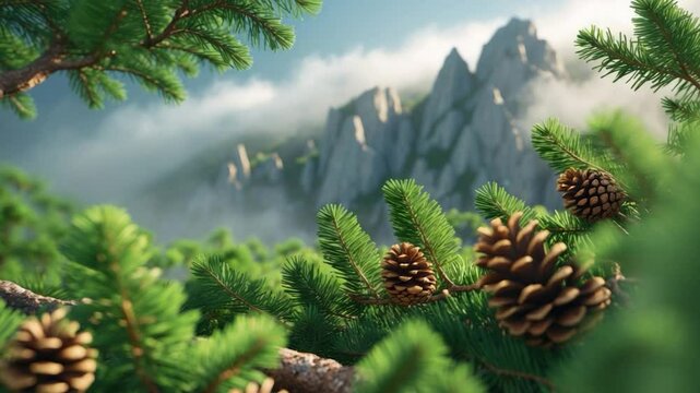 Lush evergreen branches adorned with pine cones in the foreground, framing majestic rugged mountains shrouded in mist, capturing a serene and tranquil natural landscape.