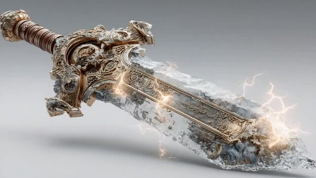 Epic Ice Sword Unleashing Lightning: A Powerful Fantasy Weapon with Intricate Details