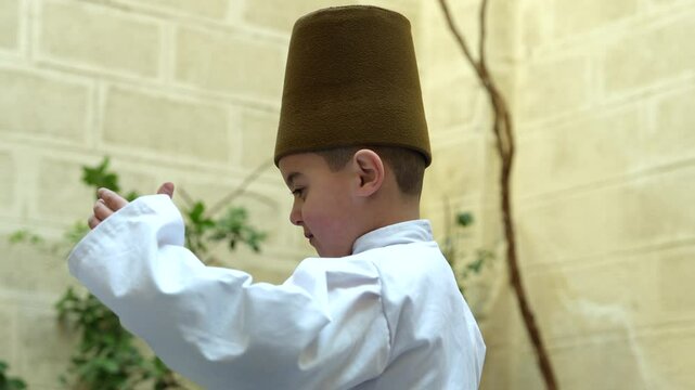 the whirling dervishes in Syria. Wearing the traditional attire of the Mevlevi order, a famous Islamic Sufi spiritual practice. 