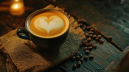 Generated image Top view of heart shape in cup or mug of coffee drink. Morning caffeine latte or cappuccino