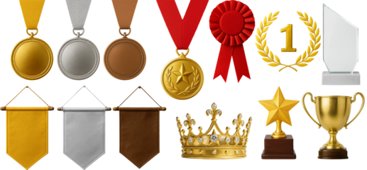Award Icons Collection – Medals, Trophies, Ribbons, Banners and Crown