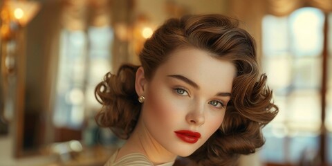 Naklejka premium Portrait of a charming woman with vintage hairstyle and classic red lipstick