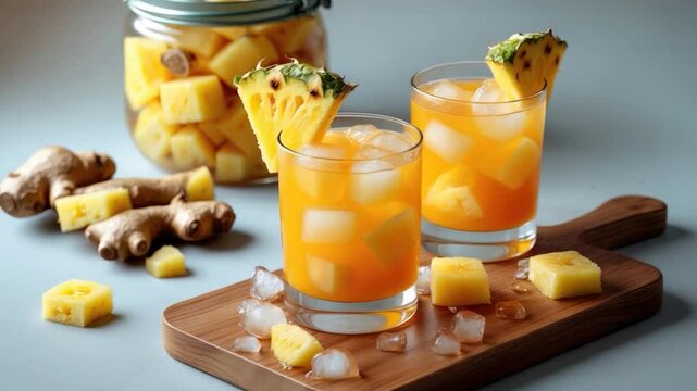 Refreshing pineapple ginger cocktails served over ice, garnished with pineapple slices, accompanied by ginger and pineapple chunks on a wooden board, creating a vibrant tropical setting.
