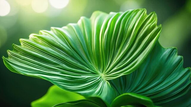 Vibrant close-up of a large green leaf showcasing intricate, parallel veins and a glossy surface, surrounded by a softly blurred natural background highlighting its rich color.