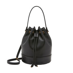 A photograph of a single black leather bucket bag for stylish and versatile everyday accessory, Isolated Transparent Background