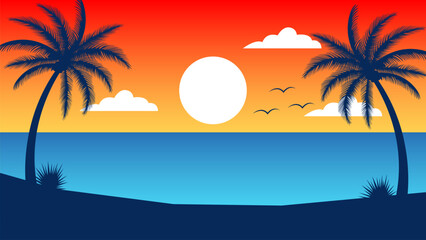 Summer Nature Landscape, Palm Trees on the sea and Sun