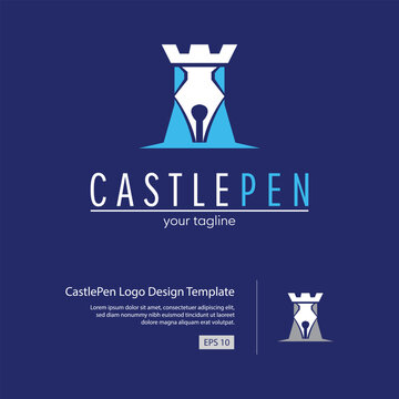 Castle Pent logo template with a pen shape that combined with a castle and with a blue dominant color.