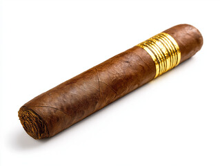 A cigar with gold stripes on the tip, isolated on a white background. The brand is Arturo Fuente, a Cuban smoking luxury product. Top view. High-resolution photography. Stock photo, high-definition re