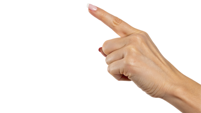 A woman's hand pointing upwards with a white background and a red fingernail on the ring finger is shown
