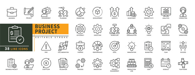 Minimalist Business project line icons set with editable stroke, featuring management, planning, risk, marketing, depelopment, growth, goal, production line, cost, analytics. thin linear illustration.