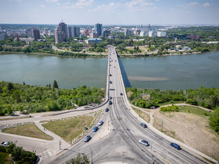 City street with a bridge over a river