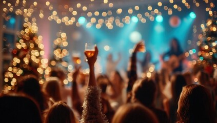 A lively crowd enjoys a festive party with drinks, music, and sparkling lights in a vibrant celebration atmosphere.