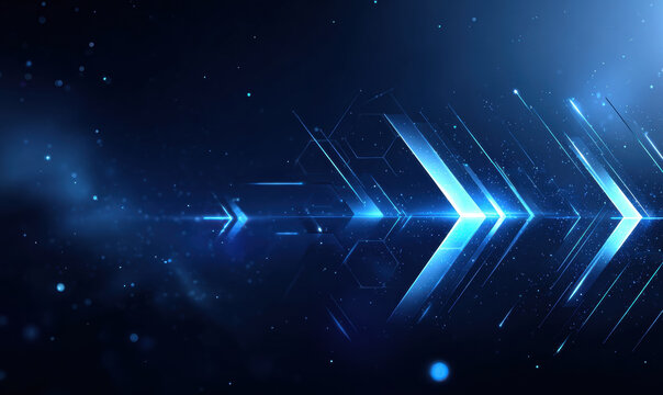 Futuristic blue abstract background featuring dynamic arrows and light effects, conveying sense of speed and technology. design is sleek and modern, perfect for digital themes