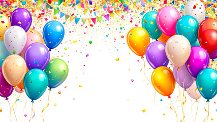 colorful party balloons with confetti isolated on transparent background. Party holiday background with text space. Birthday invitation card