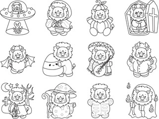 Obraz premium Coloring book of Cute Lion icon. Outline of Funny baby Lion animal series stock illustration. life of fluffy Lion designs. 