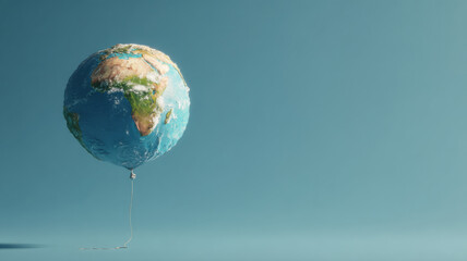 Earth floating on a deflating balloon, metaphor of fragile balance