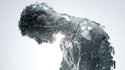 Human figure made of shattered glass, symbol of emotional fragility, focused lighting, white background 