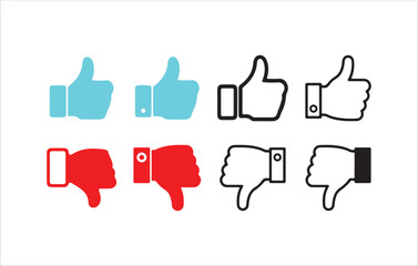 Obraz premium Color and Outline Thumbs Up and Down Icons Set – Vector Feedback Symbols in Red, Blue, and Black. Victor illustration eps 10.