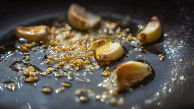 Garlic cloves sizzling in a hot pan, creating a flavorful base for a delicious meal. The golden garlic pieces release a fragrant aroma, making any dish enticing
