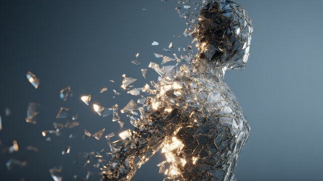 Human figure made of shattered glass, symbol of emotional fragility