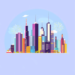 Obraz premium Vibrant Cityscape A Stunning Illustration of a Modern Metropolis with Fireworks, Celebrating Urban Life and Architectural Marvels